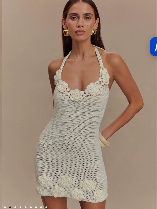 Meshki Dresses & Skirts - Meshki Cream Crochet Halter Mini Dress with Floral Appliqués